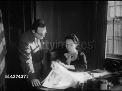1952: FEDERAL SECURITY ADMINISTRATOR: Angled WS Folded newspapers being  dropped onto conveyor belt, VS Houston Post editor & publisher Oveta Culp Hobby (1905-1995) looking at paper, MOT saying accept assignment, aware of importance to people. Instructional Video