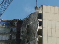 MS Wrecking ball demolishing building / Chicago, Illinois, USA Stock Footage