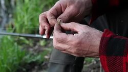 Fisherman putting the bait on the fishing hook Stock Footage