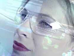 Woman scientist with a futuristic computer panel Stock Footage