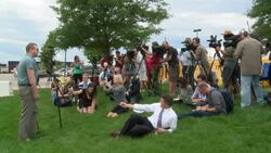 Joshua Nowlan speaks after Phase 2 of Aurora Theater Shooting death penalty hearing for James Holmes Stock Footage