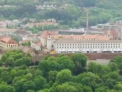 WS AERIAL View of building and trees / Brno, Brno City District, Czech Republic Stock Footage