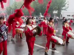WS People performing gongs and drums with costumes in a wedding/hancheng,shaanxi,China Stock Footage