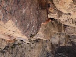 Handheld tilt of a rock-climber ascending from a rope. Stock Footage