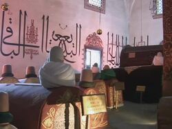  MS PAN Tombs of sufi theologians and dervishes with their typical hats / Konya, Konya, Central turkey, Turkey  Stock Footage