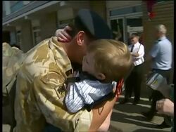 2007 MS PAN British soldiers return from Basra to be greeted by families at RAF Uxbridge parking lot on May 4, 2007 / Uxbridge, London, England/ AUDIO Stock Footage