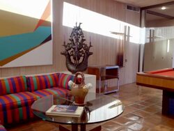 DS through game room with red felt covered pool table and seating area for guests and pool cues on the wall Stock Footage