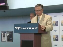 SPEECH - Joseph Szabo talks about Amtrak and train energy efficiency at Amtrak National Train Day 2013 Stock Footage