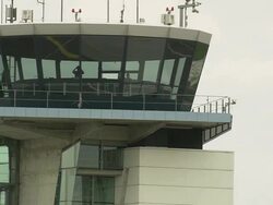 AERIAL Airport tower, Nuremberg, Bavaria, Germany Stock Footage
