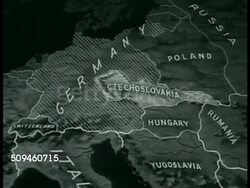 1938: HENLEIN RALLY: HA WS HUGE Crowd of people giving Nazi salute.  MAP: Animated map showing area of Czechoslovakia occupied w/ Sudeten-German peoples. Czechoslovakia President Benes sitting at table putting on hat. Instructional Video