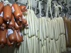 MS Shot of sausage products in butchery / Freudenburg, Rhineland Palatinate, Germany Stock Footage