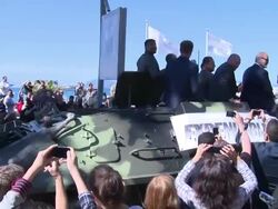 Sylvester Stallone, Arnold Schwarznegger, Harrison Ford, Jason Statham, Mel Gibson & Dolph Lundgren at The Expendables 3' Photocall at Carlton Hotel on May 18, 2014 in Cannes, France. Stock Footage