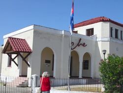 MS Che Guervara home on mountain overlooking Havana Cuba with tourist with camera heading towards new museum there / Havana, Cuba Stock Footage
