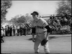B/W 1962 NY Mets player Gil Hodges catching ball during spring training / newsreel Stock Footage