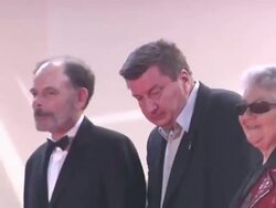 Jean-Pierre Darroussin (L), Aki Kaurismaki and Little Bob at the 'La Havre' Stock Footage