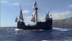 The Santa Maria sails near a mountainous shore. Stock Footage