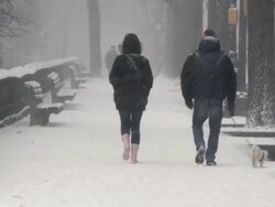 WS People walking on Central Park West during snow / New York City, New York, USA Stock Footage