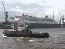  WS PAN View of river Elbe and Blohm and Voss ship yard / Hamburg, Hamburg, Germany Stock Footage