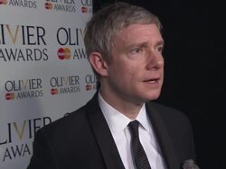 INTERVIEW - Martin Freeman on Sherlock Holmes and his upcoming show 'Fargo' at The Laurence Olivier Awards with MasterCard on April 13, 2014 in London, England. Stock Footage
