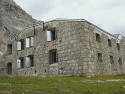 PAN Museum of the Tre Sassi Fort on Valparola Pass in the Dolomites Mountains - Motion Controlled Shot. Stock Footage