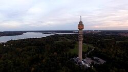 AERIAL: The Swedish TV-tower KaknÃ¤stornet at sunset Stock Footage
