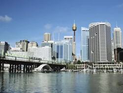 Pyrmont Bridge with Monorail and the CBD of Sydney with Sydney Tower, Sydney, New South Wales, Australia Stock Footage