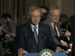 MS Sen Harry Reid answering to reporter question and telling about government view at stand up press availability in Ohio Clock Corrido Audio / Washington, DC, United States Stock Footage