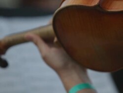 Someone plays violin behind a lectern with a partition Stock Footage