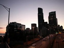 The Interstate Five highway in Seattle Washington at sunset. Stock Footage