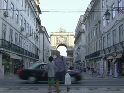 MS View of Arc de Triomphe on "Rua Augusta" from Downtown Lisbon / Lisbon, Portugal Stock Footage