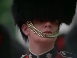 Close up face of Guard of Household Division, chinstrap, London, England, UK Stock Footage