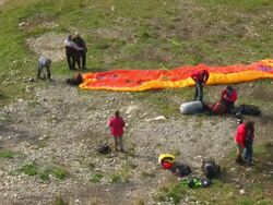 MS Shot of prepairing paraglider at Mount Nebelhorn / Oberstdorf, Bavaria, Germany Stock Footage