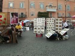 PAN Vendors selling art at street market / Rome, Lazio, Italy Stock Footage