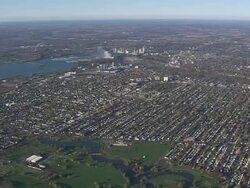 WS AERIAL PAN Shot of cityscape with skyline at Niagara Falls (2,500ft) / New York, United States Stock Footage