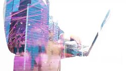 Businessman working with labtop and time lapse background. Stock Footage