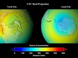 Extrapolated simulation 1974 to 2065 of what would have happened to global concentrations of stratospheric ozone if chlorofluorocarbons (CFCs) and similar ozone-depleting chemicals were not banned through the Montreal Protocol Stock Footage