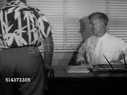 1953: HAWAII: KALAUPAPA LEPROSY SETTLEMENT: Man looking for box in Hones Social Hall set of mailboxes, woman helping & handing mail. WS Patients & nurses walking to clinic. VS Patient Joe being cleared (after 25 years) by Dr. Hershey for discharge. Instructional Video