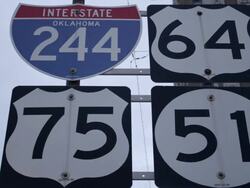 CU Shot of Interstate and byway signs in Tulsa / Tulsa, Oklahoma, United States Stock Footage