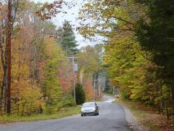 WS View of fall colors road with cars driving in fall foliage color in Northern New England / Bethel, Maine, United States Stock Footage