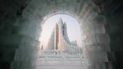 Spectacular illuminated ice sculptures at the Harbin Ice and Snow Festival in Heilongjiang Province, Harbin, China Stock Footage