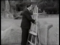 B/W Salvador Dali setting up easel at zoo Stock Footage