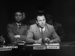1950: UN ASSEMBLY: WS Delegates. Angled WS U.S. Representative to United Nations Warren Austin (SOT) saying Soviets have accused US of aggression against Korea, quoting statement, 'it' a lie, a big lie.', VS Soviet delegate Malik (1906-1980) sitting in UN Instructional Video