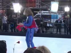 Ginger Zee (GMAâ€™s weather anchor) figure skating on the outside set of the Good Morning America show Stock Footage