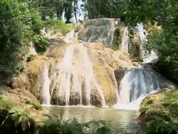 WS Limestone water cascading in jungle / Agua Azul, Palenque, Rio Bascan, Chiapas, Mexico Stock Footage