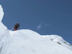 MS People climbing and walking to ladder on ice / Mt. Everest, Nepal Stock Footage