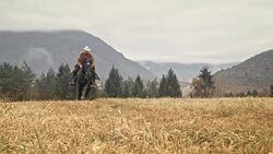SLO MO Cowgirl losing hat while galloping across mountain meadow Stock Footage
