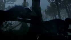 A Deinonychus runs in a dark jungle in a computer-generated animation. Stock Footage