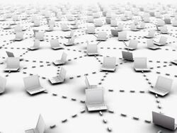 Camera flies over plane of innumerous connected laptops Stock Footage