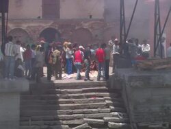 WS ZI  Crowds surrounding near corpse during  funeral  / Kathmandu, Central, Nepal Stock Footage