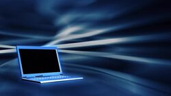 A laptop opens and rotates against a blue abstract background. Stock Footage